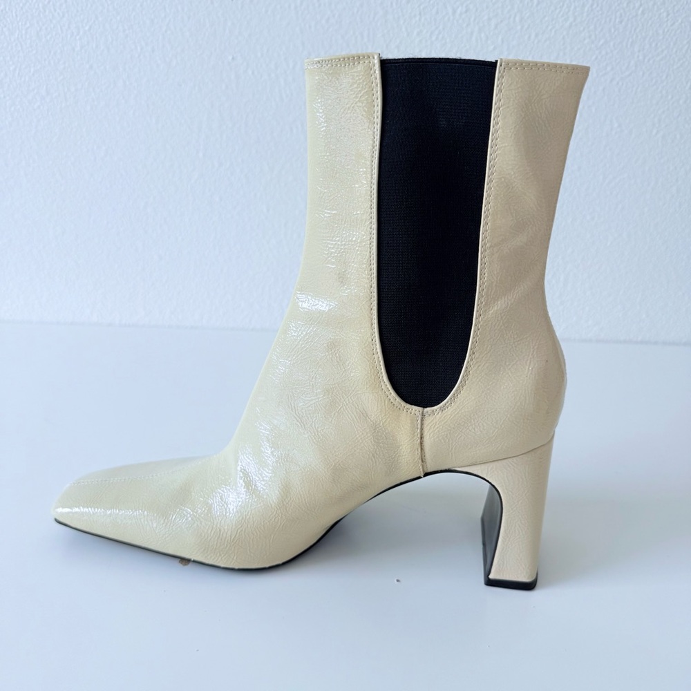 Zara Patent Square-Toe Heeled Ankle Boots-Ecru-Women’s Size 9 Vegan - Picture 5 of 14